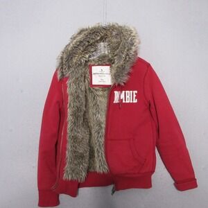 Vintage Abercrombie & Fitch Fur Lined Hoodie Red Y2K Full Zip Fitted Women Large